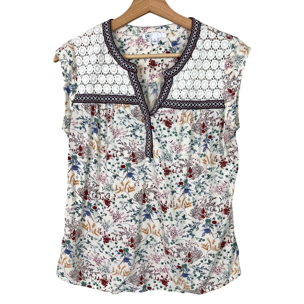 DR2 Floral Lace Yoke Cap-Sleeve Blouse - White Multi